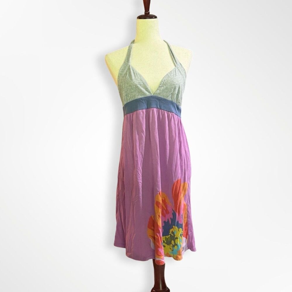 Roxy, Y2K Purple Gray Babydoll Plunge Halter Mini Dress, M Flower Print